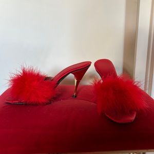 Vintage Undercover Wear Red Marabou Feather Mules Heels Bedroom Shoes Slippers 8